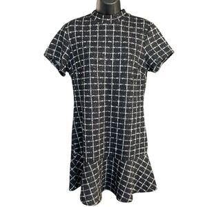Mango Ruffle Hem Tweed Mini Dress Sz 10 Black Check Drop Waist‎ Twee Academia